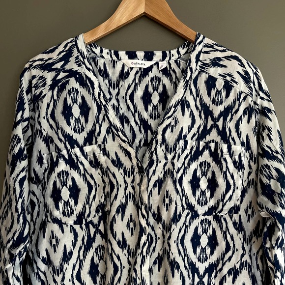 Athleta Printed Kaftan Shirt Dress Tunic Navy Blue White Ikat Medium Cover Up - Picture 3 of 16